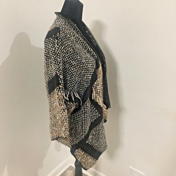 CHICO'S Open 3/4 Sleeve Fringe Patchwork Cardigan Faux Leather Trim Sz 0 or S - Picture 3 of 8
